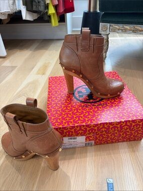 Tory Burch Cognac Leather Studded High-Heel Ankle Boots